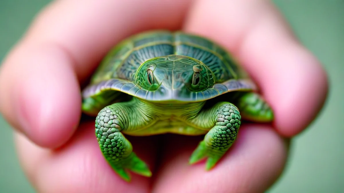 A small turtle is held in the person's hands.