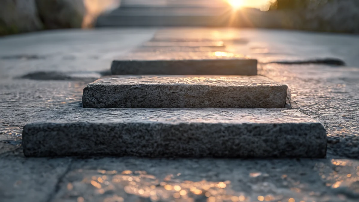 Escada de pedra com textura áspera e cor cinza, centrada em uma superfície de concreto sob a hora dourada, profundidade de campo suave, fotorealista, foco afiado, detalhes altos