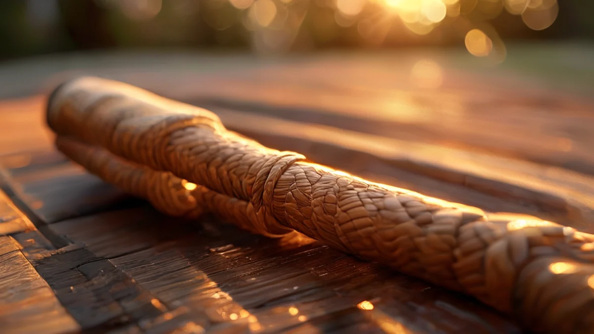 Ein Rattan-Stein, leicht braun, gewirkt, auf einem Holzplank, goldenes Licht, flaches Bildfeld, photorealistisch, scharfe Schärfe, hohe Details