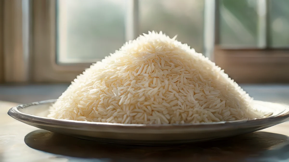 A piled rice heap, white and rounded, on a ceramic plate, under soft window light, shallow depth of field, photorealistic, sharp focus, high detail