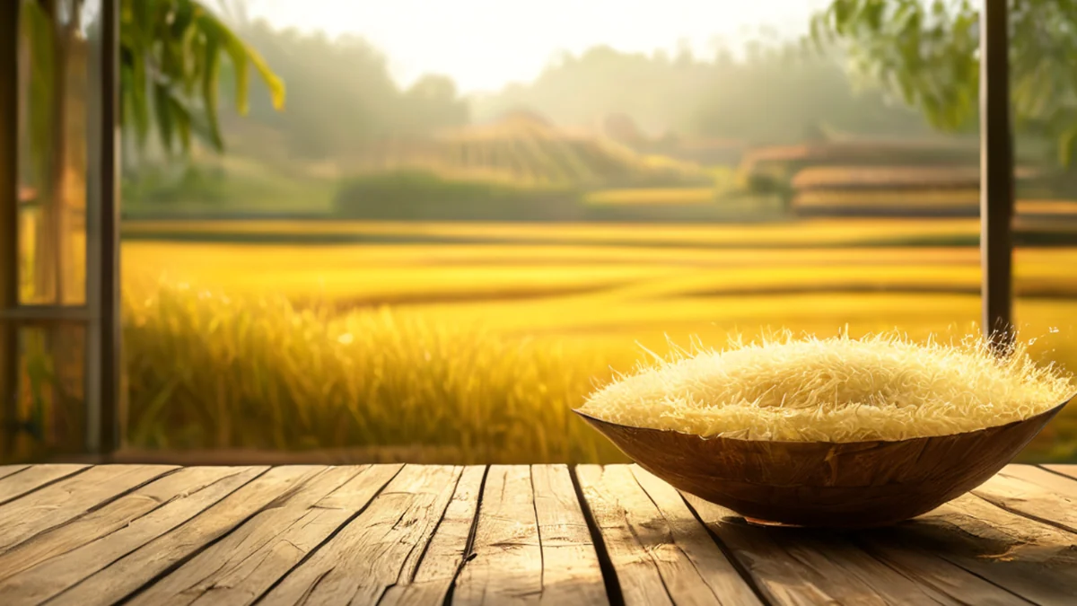 Un campo de arroz dorado, forma curva, sobre una mesa de madera, luz suave de la ventana, profundidad de campo baja, fotorealista, enfoque afilado, detalles altos