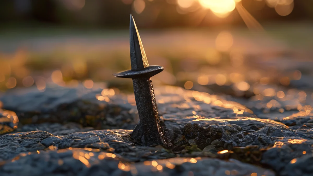 Un pieu en fonte avec une extrémité pointue sur une surface de pierre, sous l'heure dorée, champ de profondeur faible, photoréaliste, focus aiguisé, détails élevés