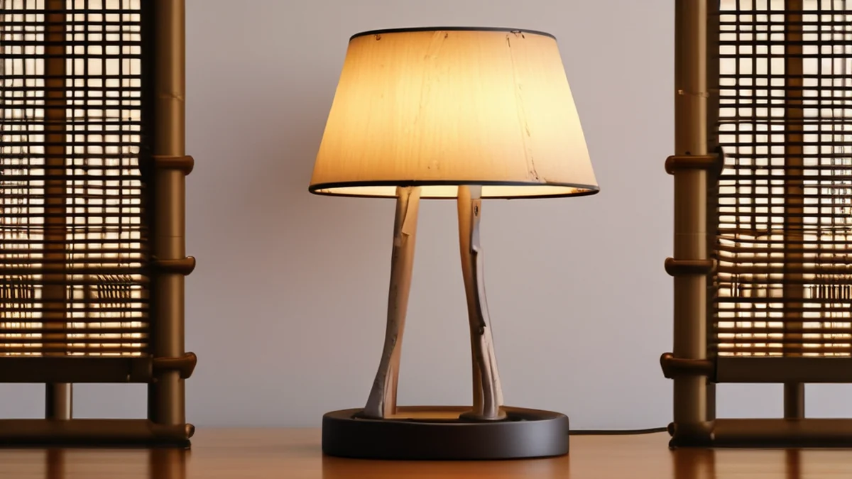 Lampadina di bambù coreana tradizionale, base oscura lucida, superficie di bambù liscia, ora d'oro, profondità di campo bassa, fotorealistica, focus acuto, dettagli elevati