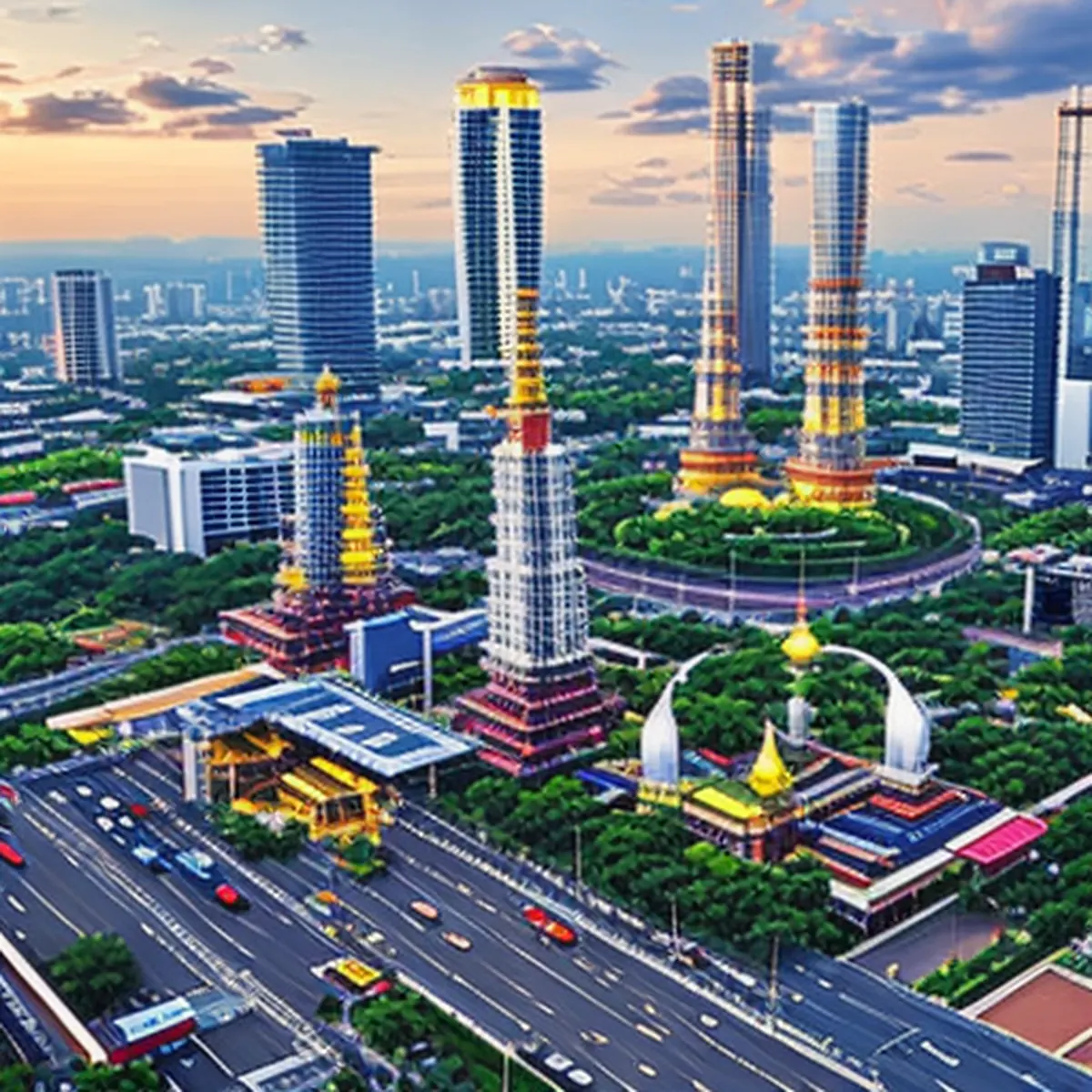 Future cityscape of Thailand, featuring vast landscapes where traditional temples coexist harmoniously with modern smart infrastructure. 5G towers, autonomous electric buses, and digital boards transmitting real-time data are spread throughout the city. No people or logos present.