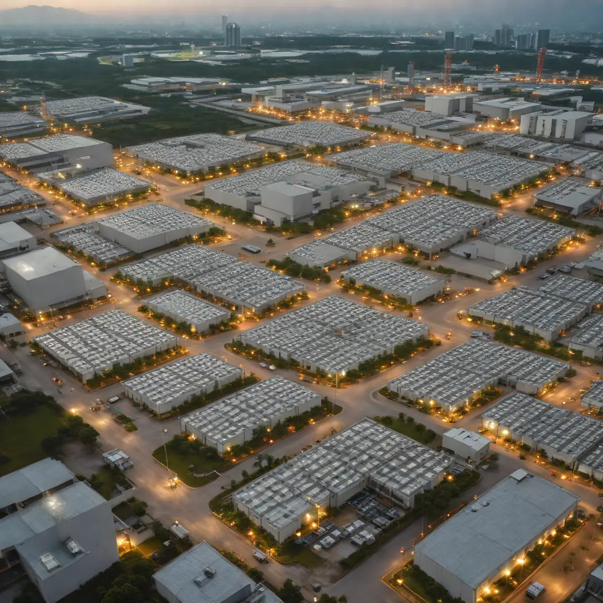 A panoramic view of a modernized manufacturing industrial zone in Thailand, featuring electric vehicle assembly lines and high-rise factory buildings equipped with solar panels.