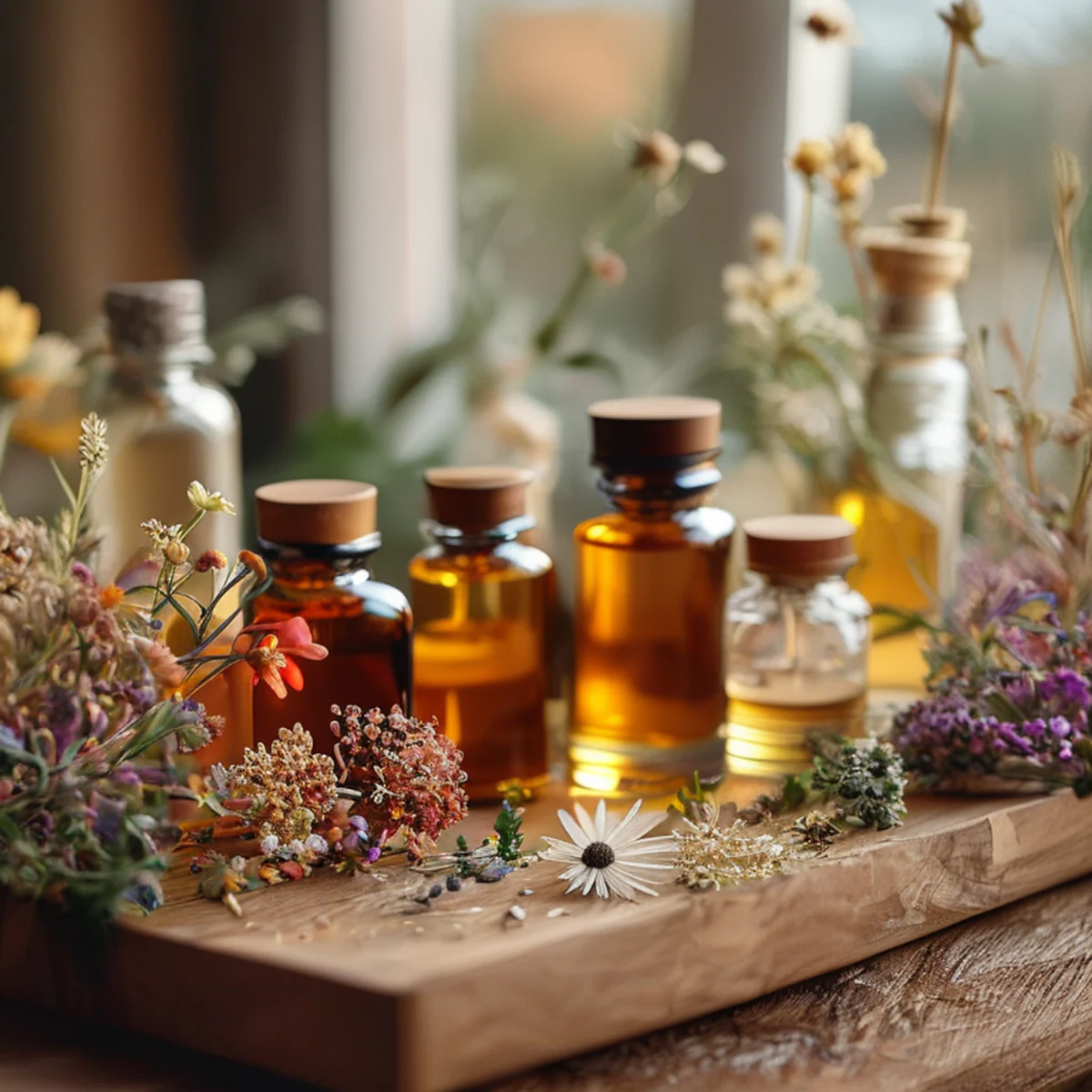 Aceites esenciales y elementos naturales para aromaterapia.